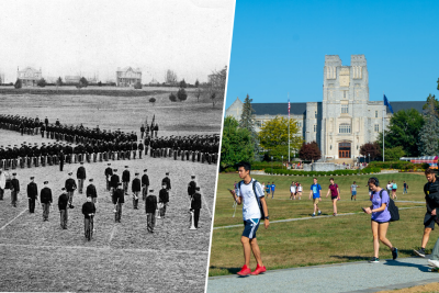 Cadets on the Drillfield, compared to students walking across the Drillfield in 2019. Cadets  photo courtesy of Special Collections and University Archives. The 2019 photo is by Thomas Miller.  