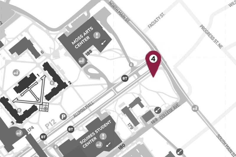Cropped map of campus showing a marker location at Henderson Lawn
