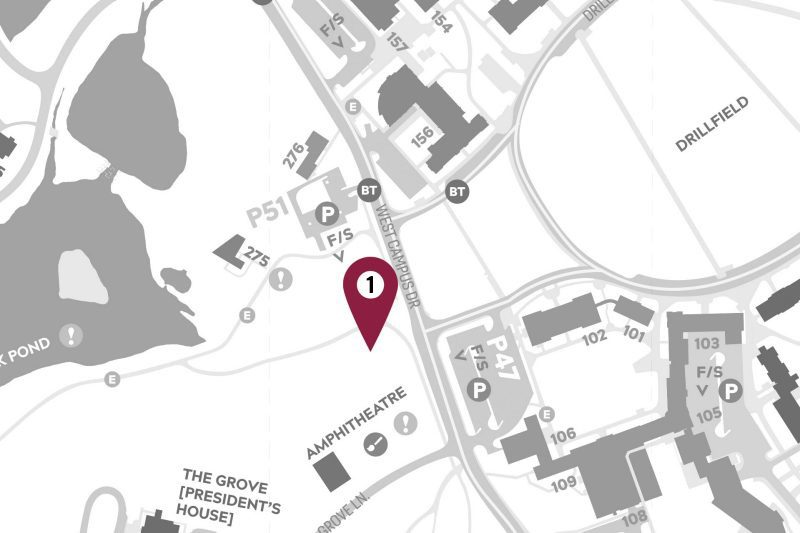 Cropped map of campus showing a marker location on West Campus Drive