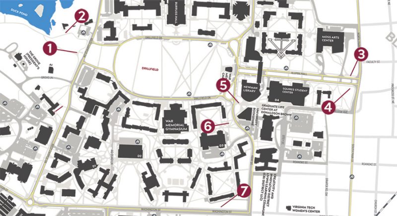 Map of Virginia Tech campus indicating the historic marker locations. 