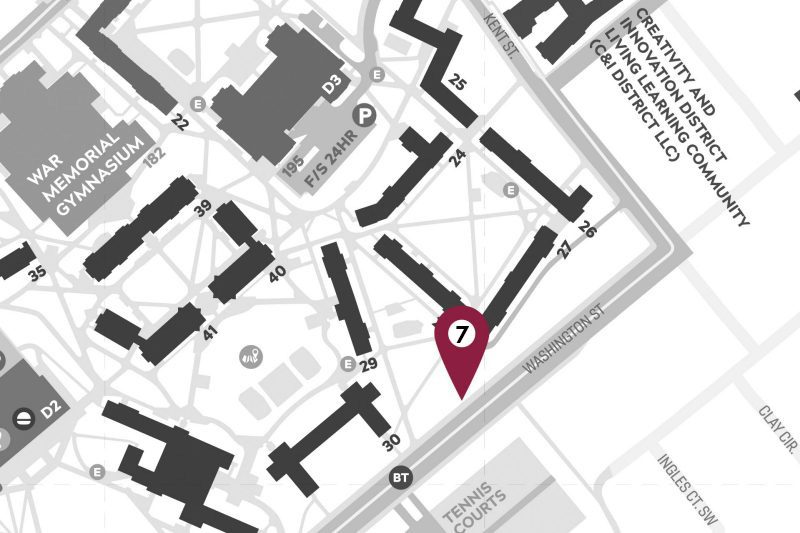 Cropped map of campus showing a marker location on Washington Street