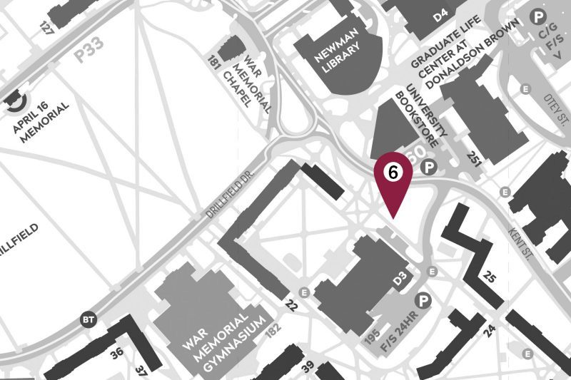 Cropped map of campus showing a marker location on Eggleston Quad