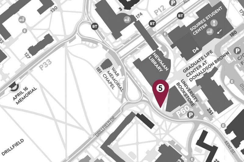 Cropped map of campus showing a marker location in the Library Plaza